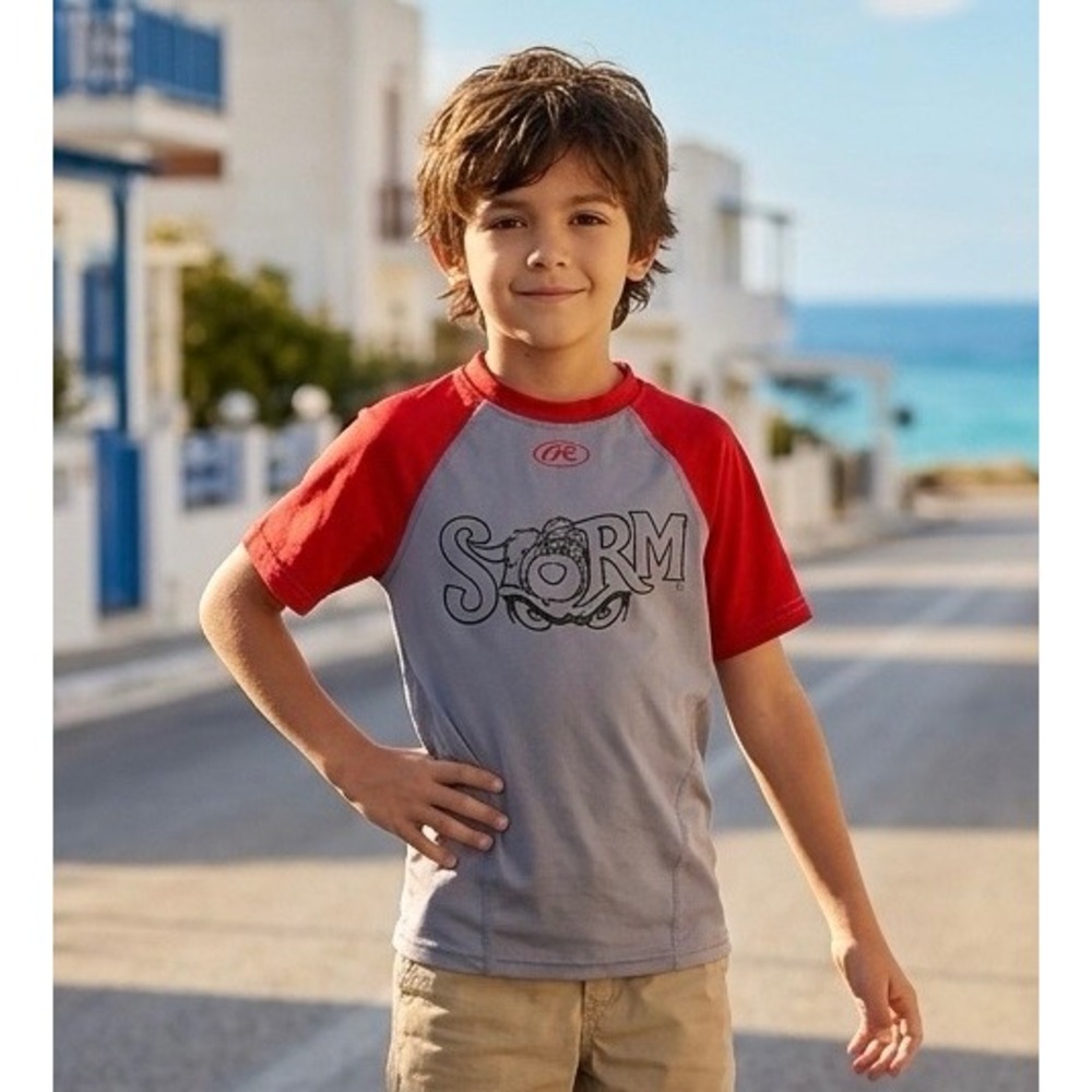 Rawlings Storm Kids Compression Shirt Grey Red Raglan Baseball Youth Medium NWT